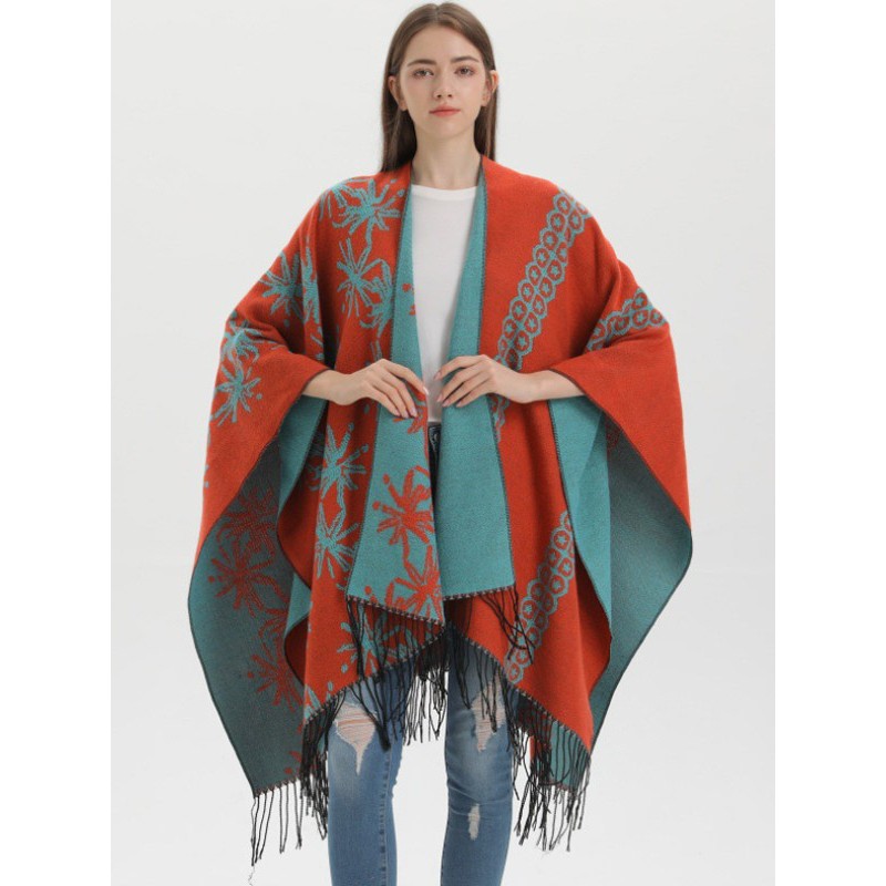 Women Cape Color Block Oversized Ethnic Style Poncho Poncho  Cape Fall Winter