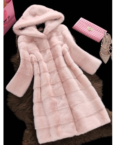 Faux Fur Coat Hooded Long Sleeve Pink Coat For Women Chic  Modern Winter