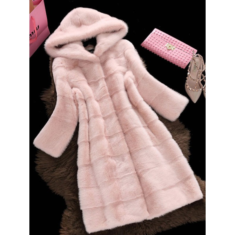 Faux Fur Coat Hooded Long Sleeve Pink Coat For Women Chic  Modern Winter