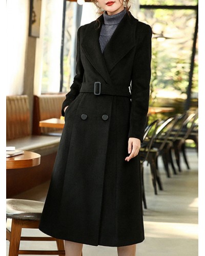 Black Wool Coat For Woman Sash Winter Outerwear 2023 Classic  Traditional Casual