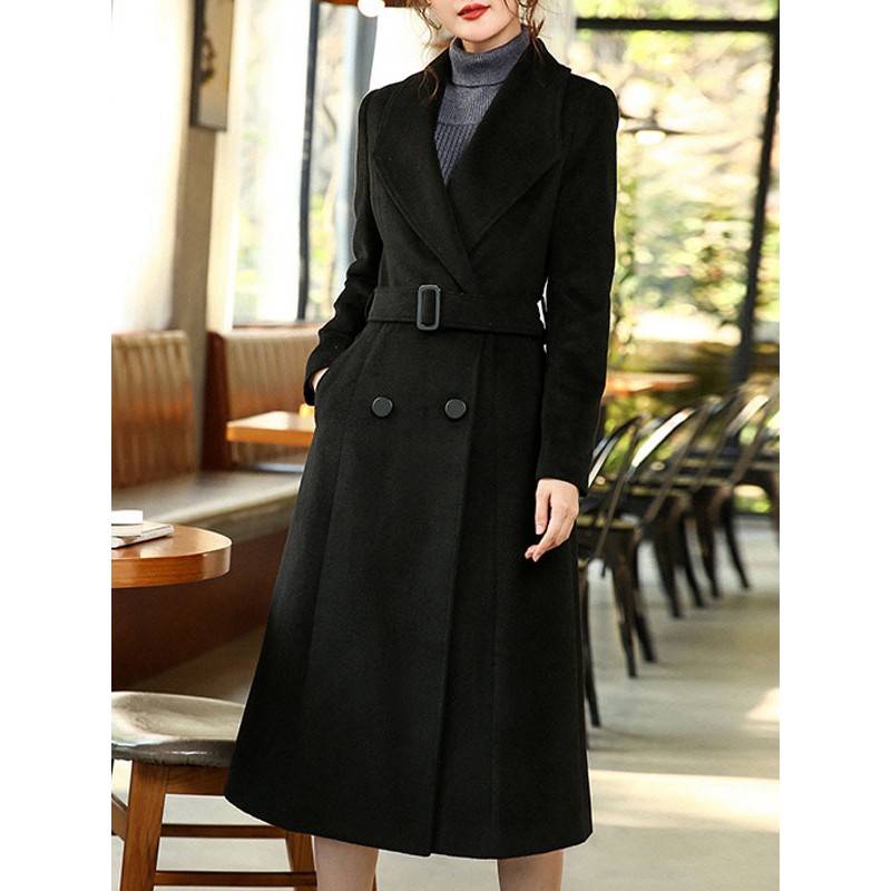 Black Wool Coat For Woman Sash Winter Outerwear 2023 Classic  Traditional Casual