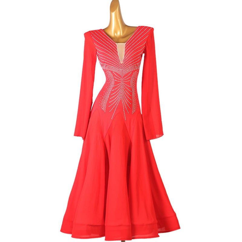 Room Dance Costumes Red Women's Polyester Rhinestones Dress Dancer Dance Dress Sexy Ball