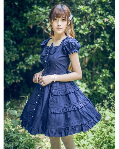 Classical Lolita Dress Layered Ruffles Lolita Dress Short Sleeves Lolita Op Dress With Bows Classic  Traditional Summer Daily Casual