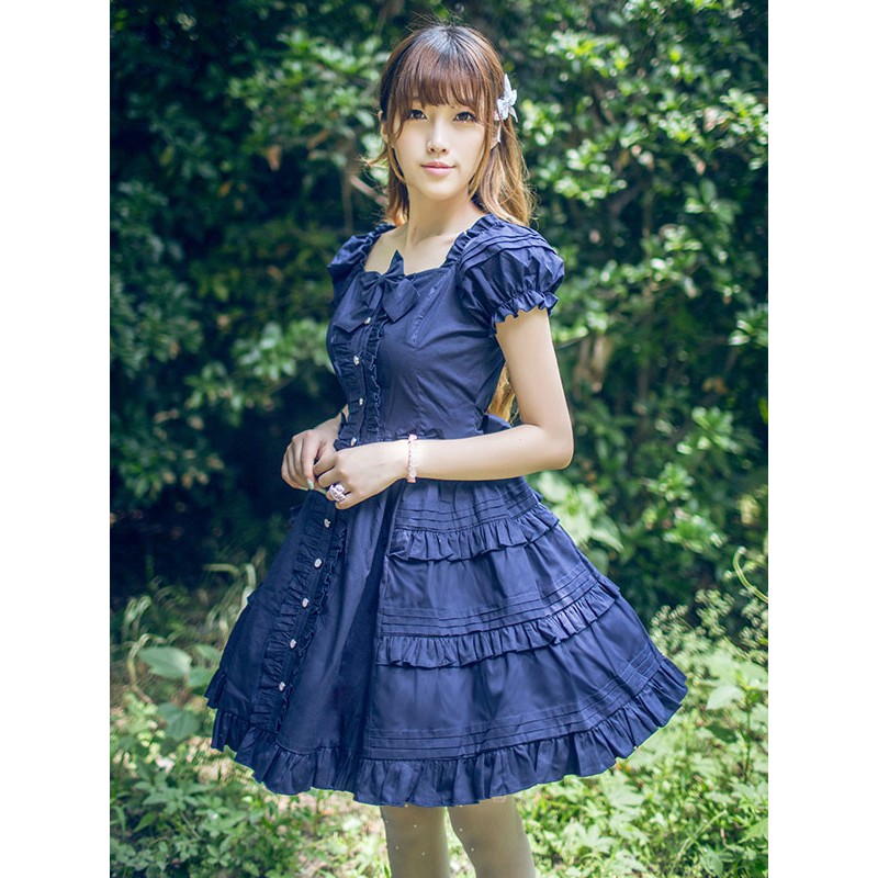 Classical Lolita Dress Layered Ruffles Lolita Dress Short Sleeves Lolita Op Dress With Bows Classic  Traditional Summer Daily Casual