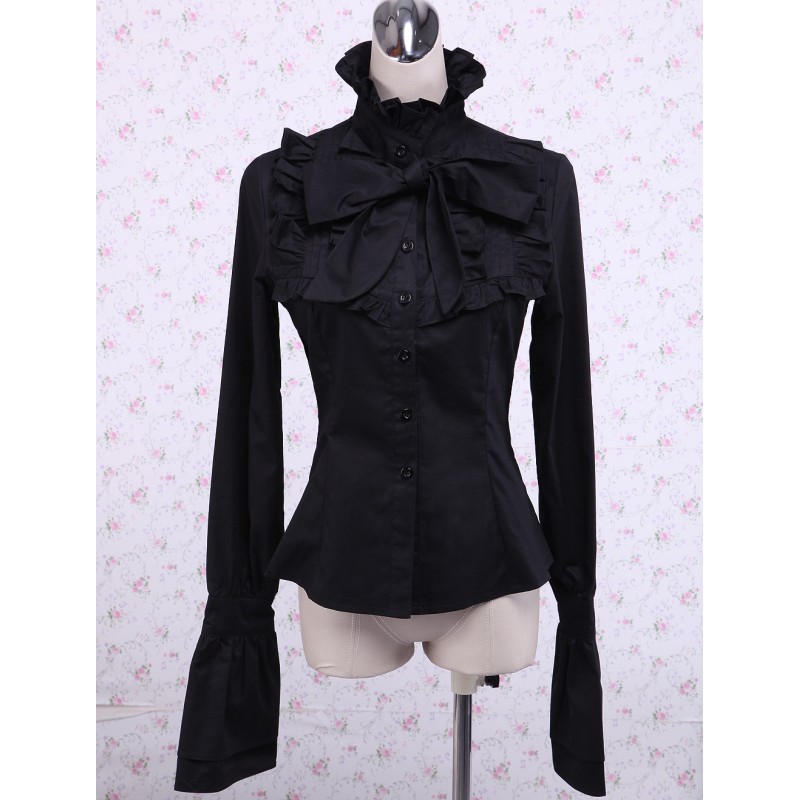 Attractive Black Bow Long Sleeves Cotton Lolita Blouse