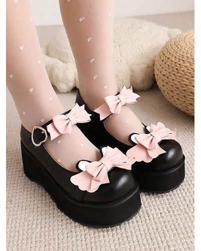 Sweet Lolita Footwear Black Bows Round Toe PU Leather Lolita Shoes