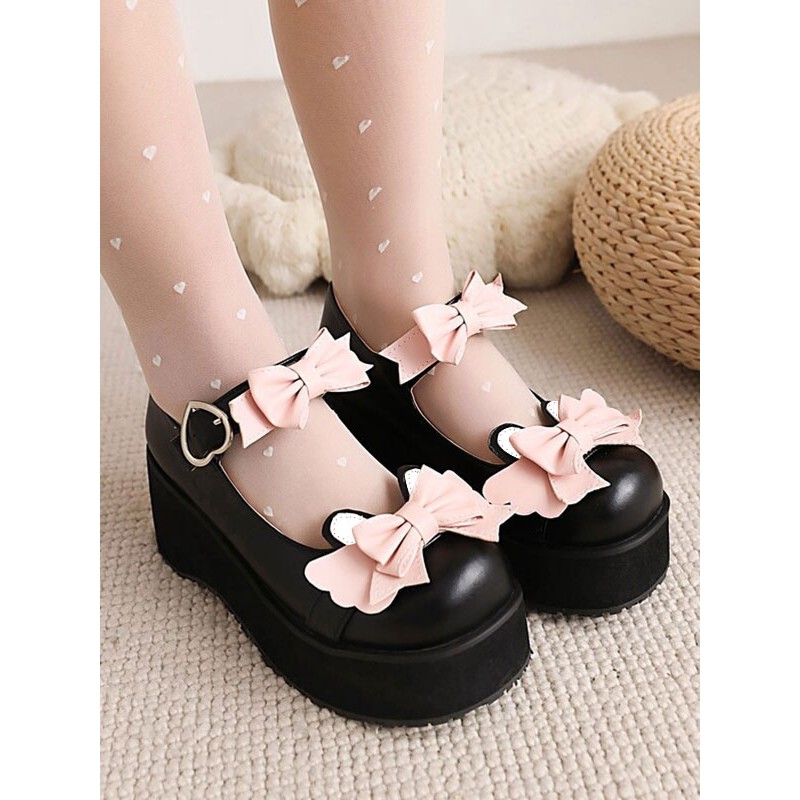 Sweet Lolita Footwear Black Bows Round Toe PU Leather Lolita Shoes