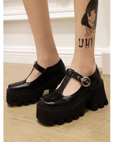 Lolita Footwear Black PU Leather Wedge Heel Lolita Pumps Academic Daily Casual