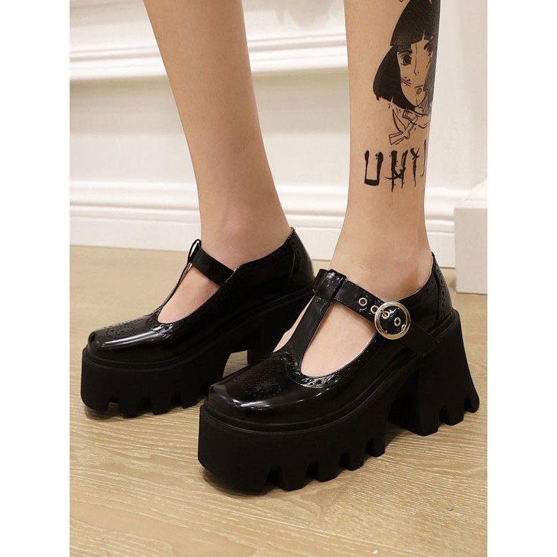 Lolita Footwear Black PU Leather Wedge Heel Lolita Pumps Academic Daily Casual