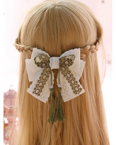 Sweet Lolita Hairclip Lace Tassel Bow Green Lolita Hair Accessory