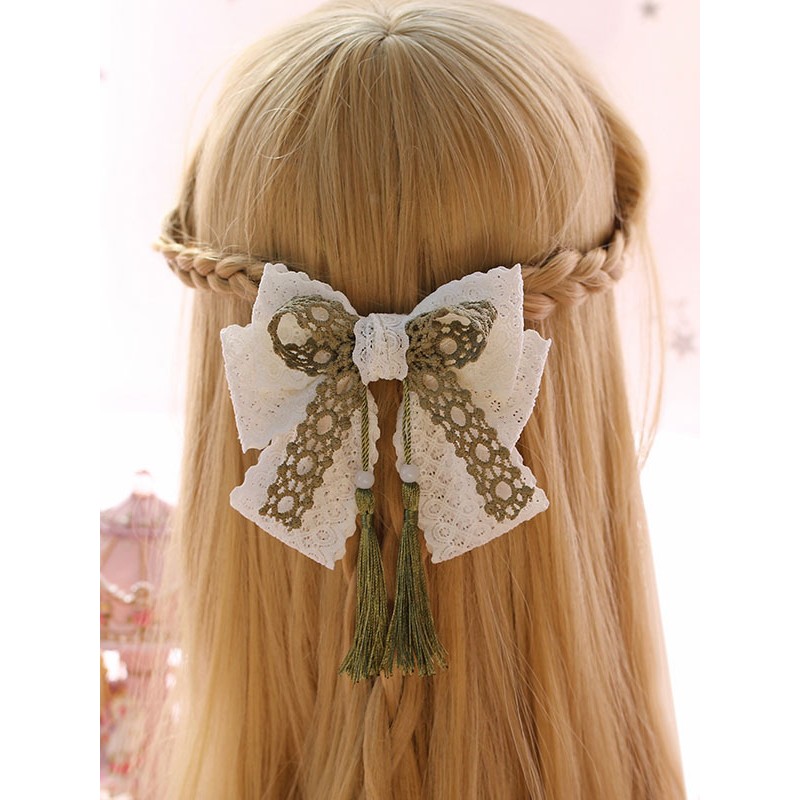 Sweet Lolita Hairclip Lace Tassel Bow Green Lolita Hair Accessory