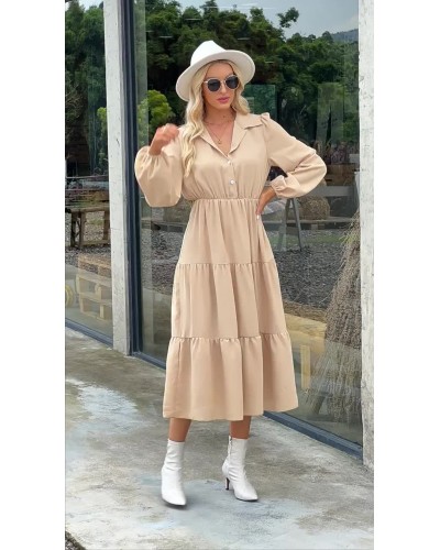 Shirt Dresses Blue Turndown Collar Long Sleeves Layered Midi Dress Bodycon Street Wear Daily Casual