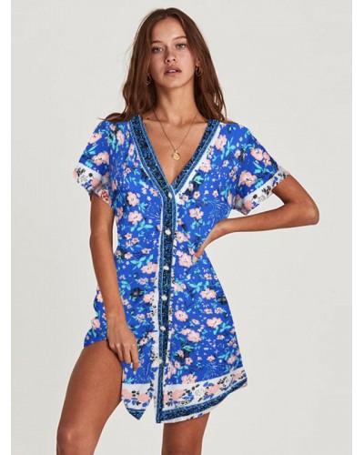 Women Boho Dress Buttons V-Neck Short Sleeves Floral Print Beach Dress Bodycon Daily Casual Resort Wear