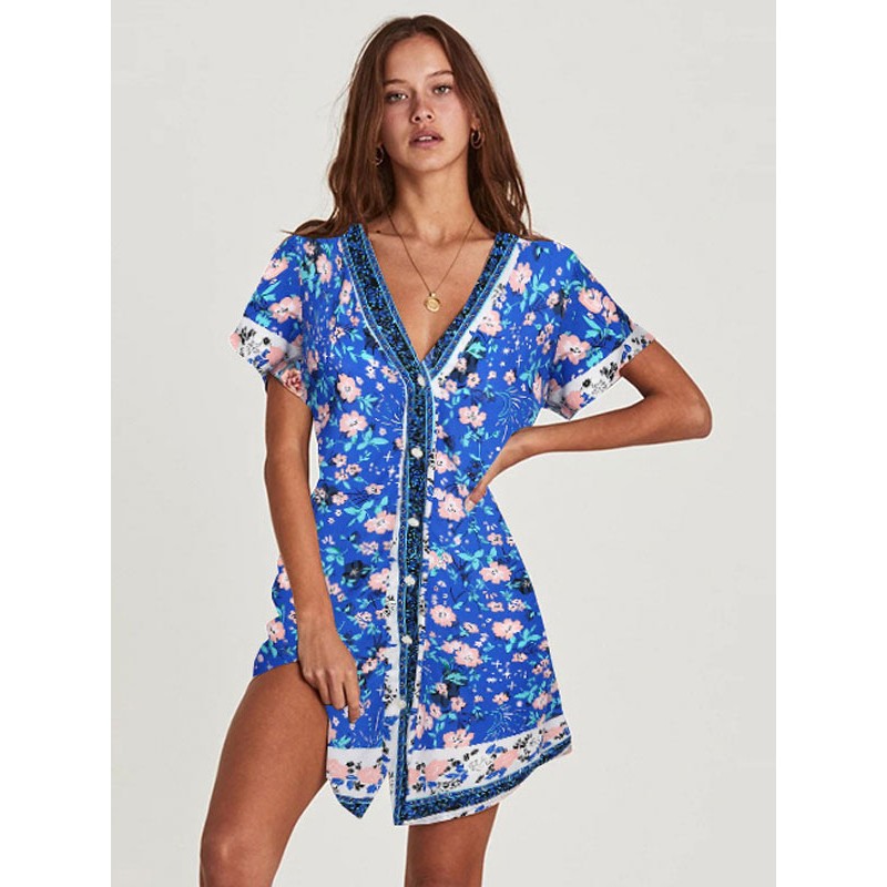 Women Boho Dress Buttons V-Neck Short Sleeves Floral Print Beach Dress Bodycon Daily Casual Resort Wear