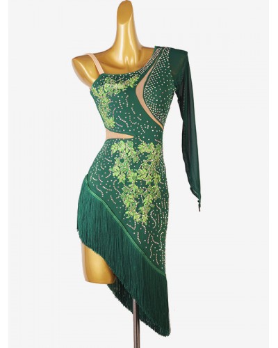 Latin Dance Dresses Dark Green Women's Rhinestones Fringe Backless Sexy Lycra Spandex Dress Costume Dancing Holiday Ball