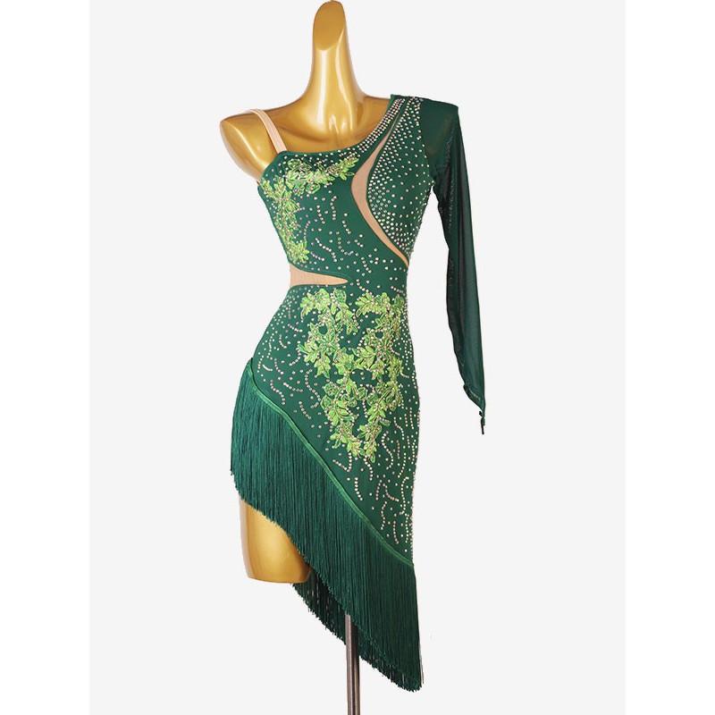 Latin Dance Dresses Dark Green Women's Rhinestones Fringe Backless Sexy Lycra Spandex Dress Costume Dancing Holiday Ball