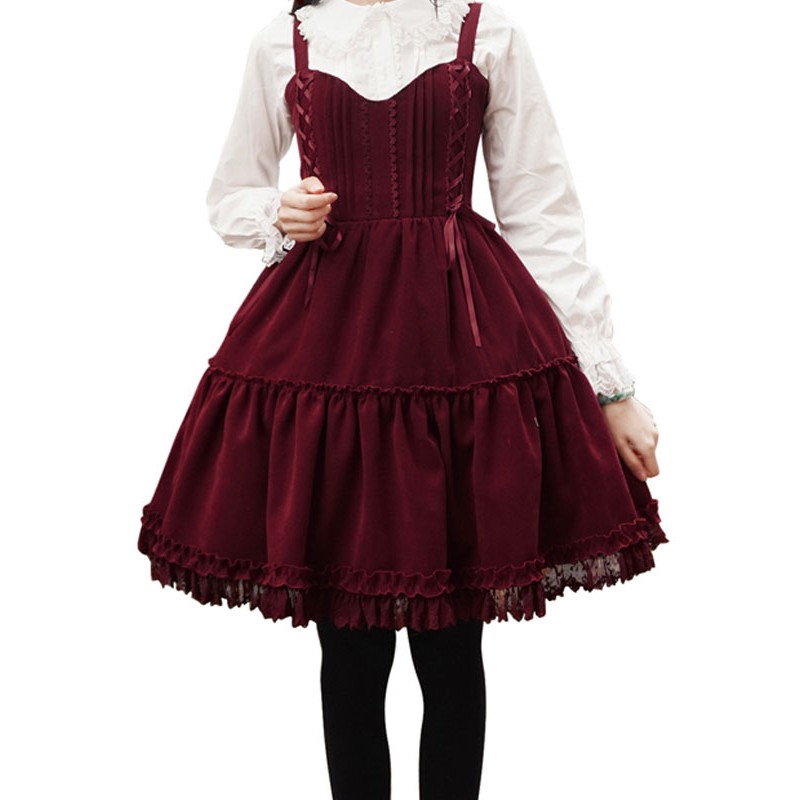 Sweet Lolita Dress Polyester Sleeveless Lace Up Sweet Jumper Dress