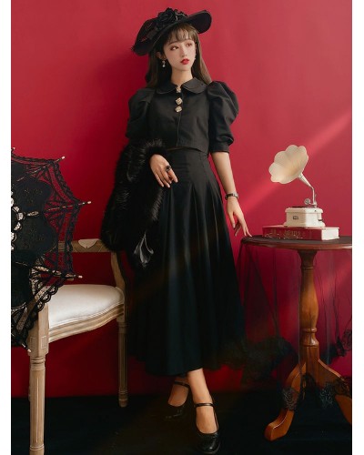 Black Lolita Outfits Classic Audrey Gem Vintage Puff Sleeves Top with Skirt