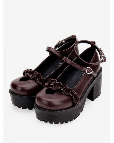 Sweet Lolita Pumps Heart Cut Out Ruched Platform Chunky Heel Round Toe Lolita Shoes Tea Party