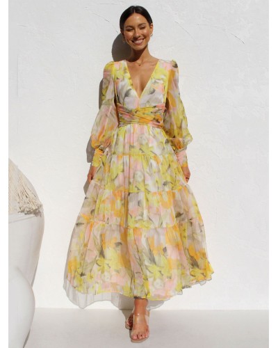 Women Dress V-Neck Long Sleeves Bohemian Floral Print Layered Pleated Long Dress Maxi Beach Daily Casual