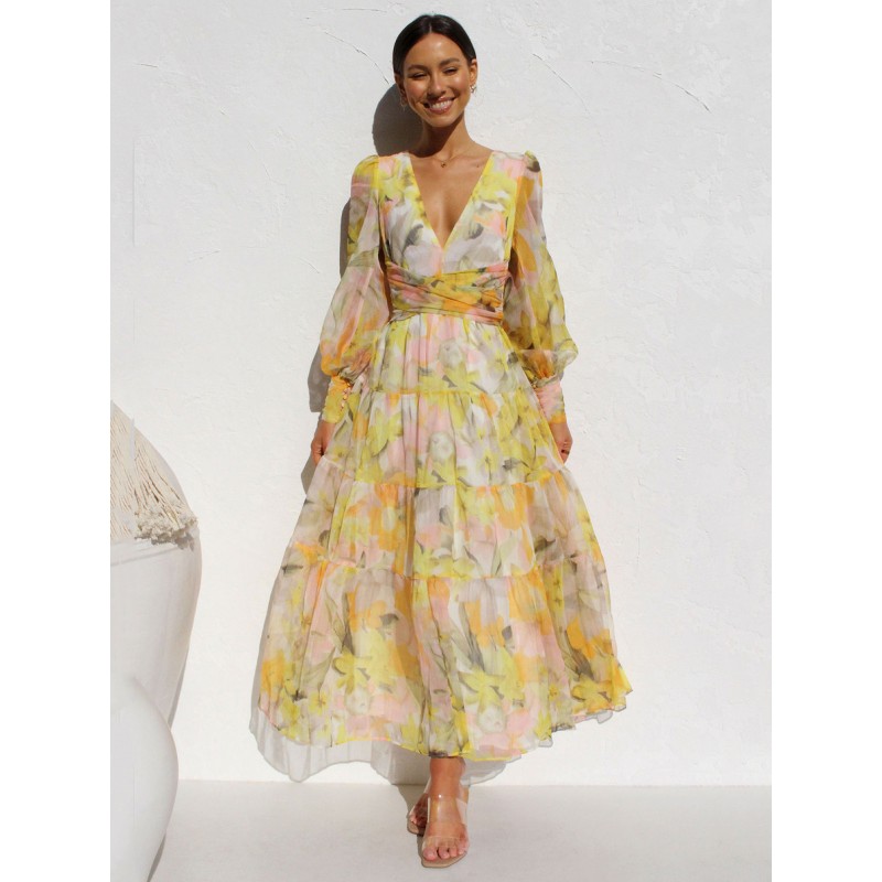 Women Dress V-Neck Long Sleeves Bohemian Floral Print Layered Pleated Long Dress Maxi Beach Daily Casual