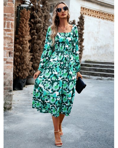 Floral Midi Dresses Floral Print Open Shoulder Lace Up Bateau Neck Long Sleeves Backless Spring Medium Dress Casual Street Wear Daily Casual Resort Wear