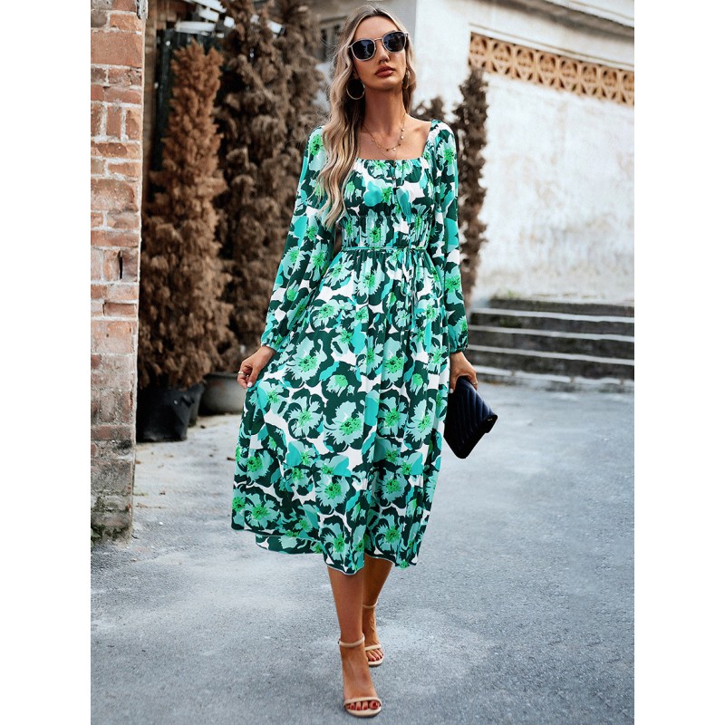 Floral Midi Dresses Floral Print Open Shoulder Lace Up Bateau Neck Long Sleeves Backless Spring Medium Dress Casual Street Wear Daily Casual Resort Wear