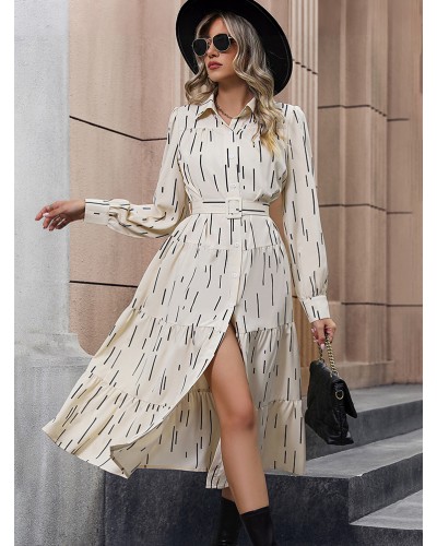 Women Dresses Turndown Collar Long Sleeves Belted Midi Dress Shirt Fall