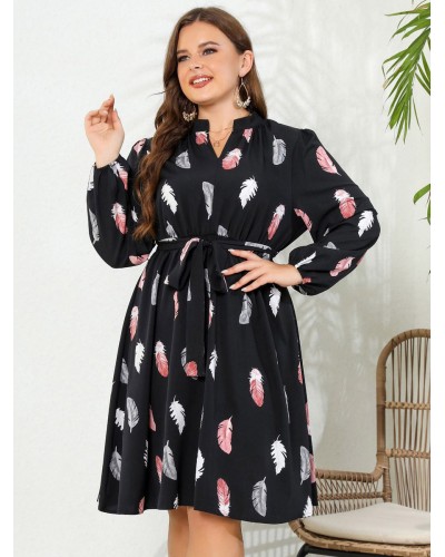 Women Plus Size Dress V-Neck Long Sleeves Printed Polyester Sash Medium One Piece Dress Casual Street Wear Daily Casual