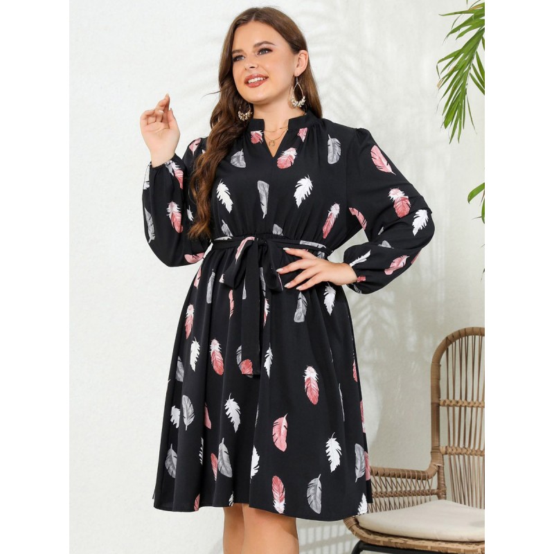 Women Plus Size Dress V-Neck Long Sleeves Printed Polyester Sash Medium One Piece Dress Casual Street Wear Daily Casual