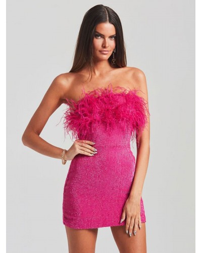 Sequin Party Dresses Sleeveless Feather Birthday Semi Formal Mini Prom Dress Bodycon Night Out Dating