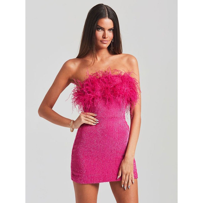 Sequin Party Dresses Sleeveless Feather Birthday Semi Formal Mini Prom Dress Bodycon Night Out Dating