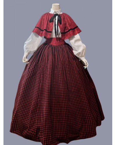 Women Red Costumes 's Plaid Ruffles Polyester Marie Antoinette Costume Dress Cloak Party Prom Dress Tunic Retro