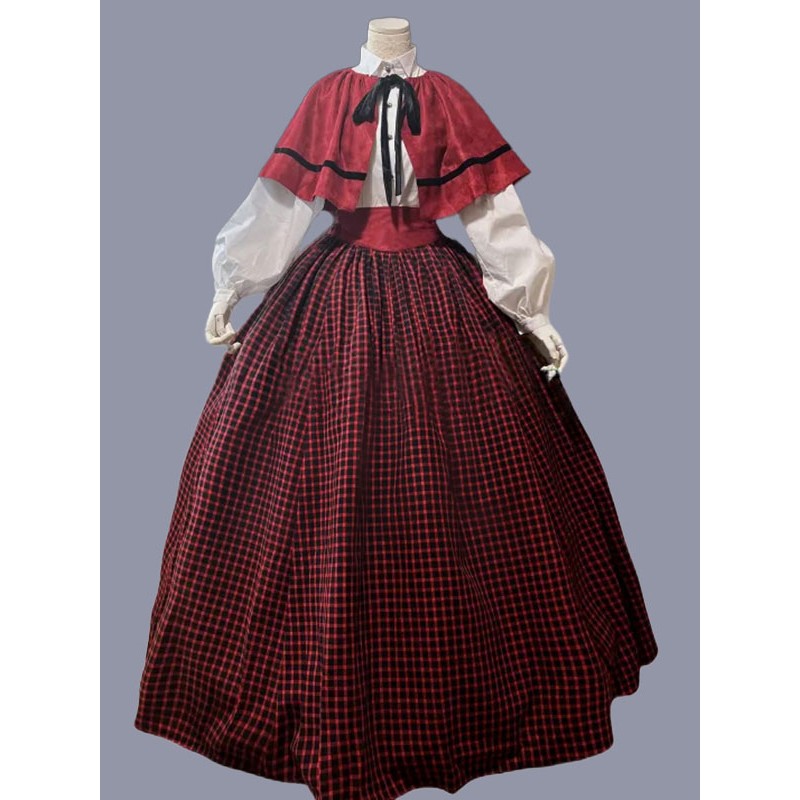 Women Red Costumes 's Plaid Ruffles Polyester Marie Antoinette Costume Dress Cloak Party Prom Dress Tunic Retro