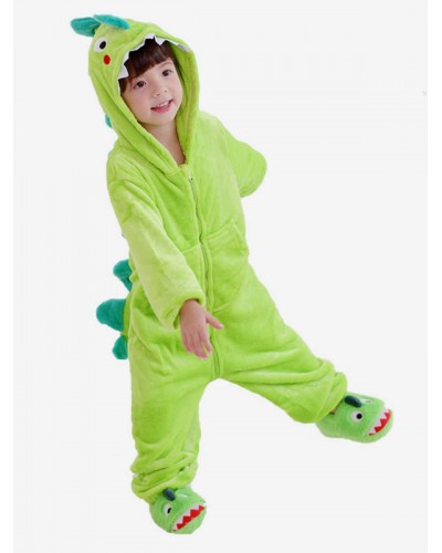 Unisex Kigurumi Pajamas For Kids Onesie Cartoon Dinosaur Grass Green Flannel Clothes Jumpsuit Fall Winter