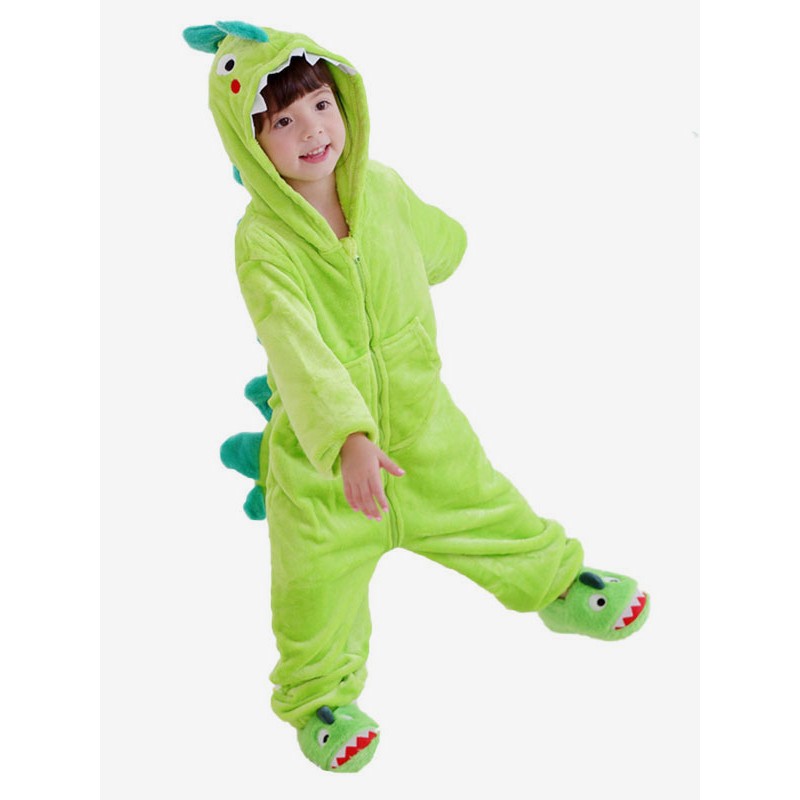 Unisex Kigurumi Pajamas For Kids Onesie Cartoon Dinosaur Grass Green Flannel Clothes Jumpsuit Fall Winter