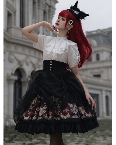 Lolita Skirt Floral Print Black Ruffles Lolita Skirts Gothic Spring Summer Fall Winter