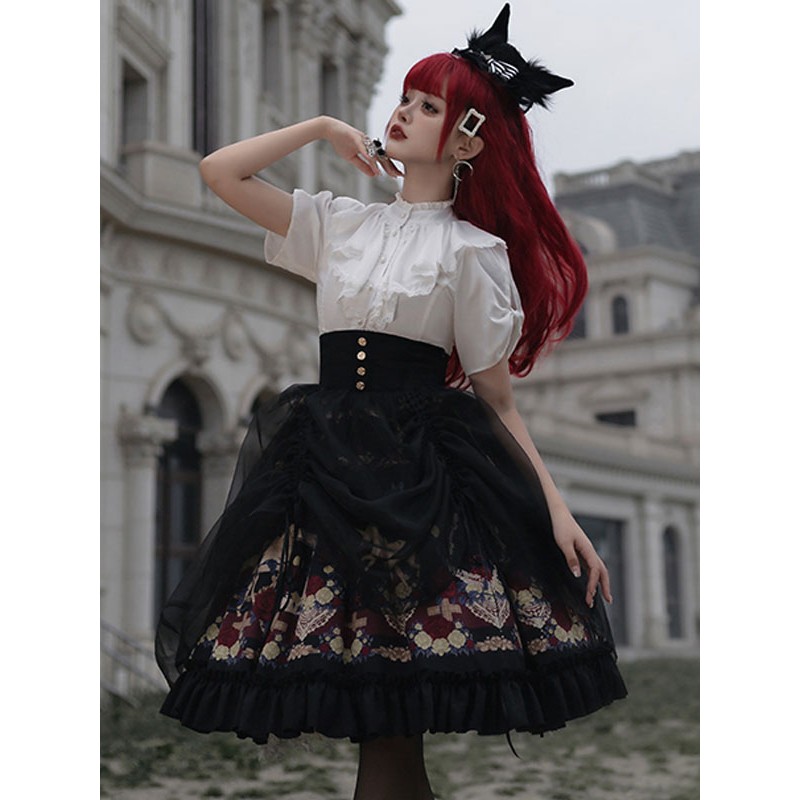 Lolita Skirt Floral Print Black Ruffles Lolita Skirts Gothic Spring Summer Fall Winter