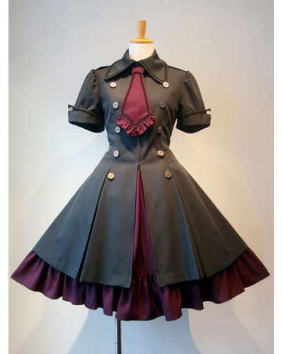 Gothic Lolita Dress OP Military Style Ruffle Bowtie Button Lace Up Burgundy Lolita One Piece Dress