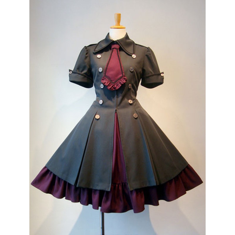 Gothic Lolita Dress OP Military Style Ruffle Bowtie Button Lace Up Burgundy Lolita One Piece Dress