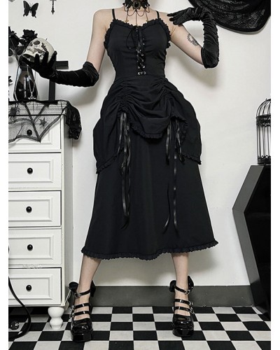 Black Gothic Dress Spaghetti Pleat Lolita Dress