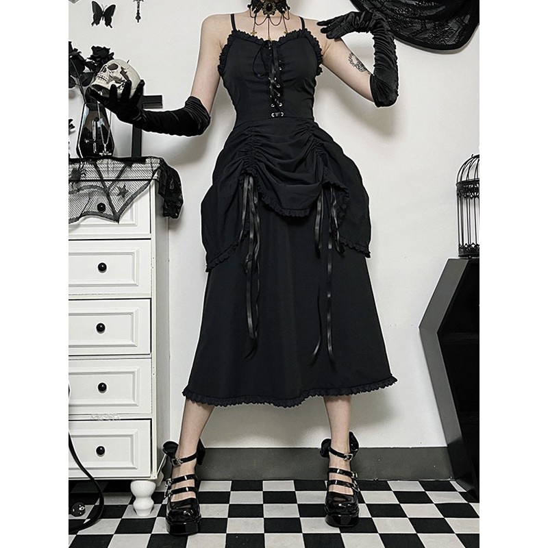 Black Gothic Dress Spaghetti Pleat Lolita Dress