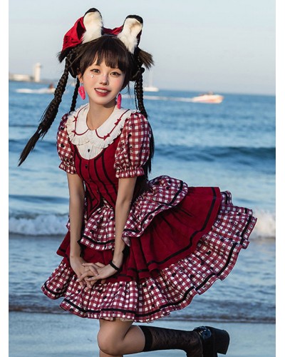 Lolita Outfits Red Plaid Bows Ruffles Short Sleeves Top Skirt Sets Sweet Daily Casual Tea Party