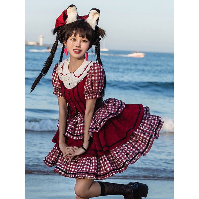 Lolita Outfits Red Plaid Bows Ruffles Short Sleeves Top Skirt Sets Sweet Daily Casual Tea Party