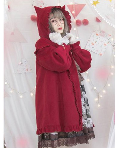 Sweet Lolita Coats Red Ruffles Synthetic Overcoat Lolita Outwears Fall Winter