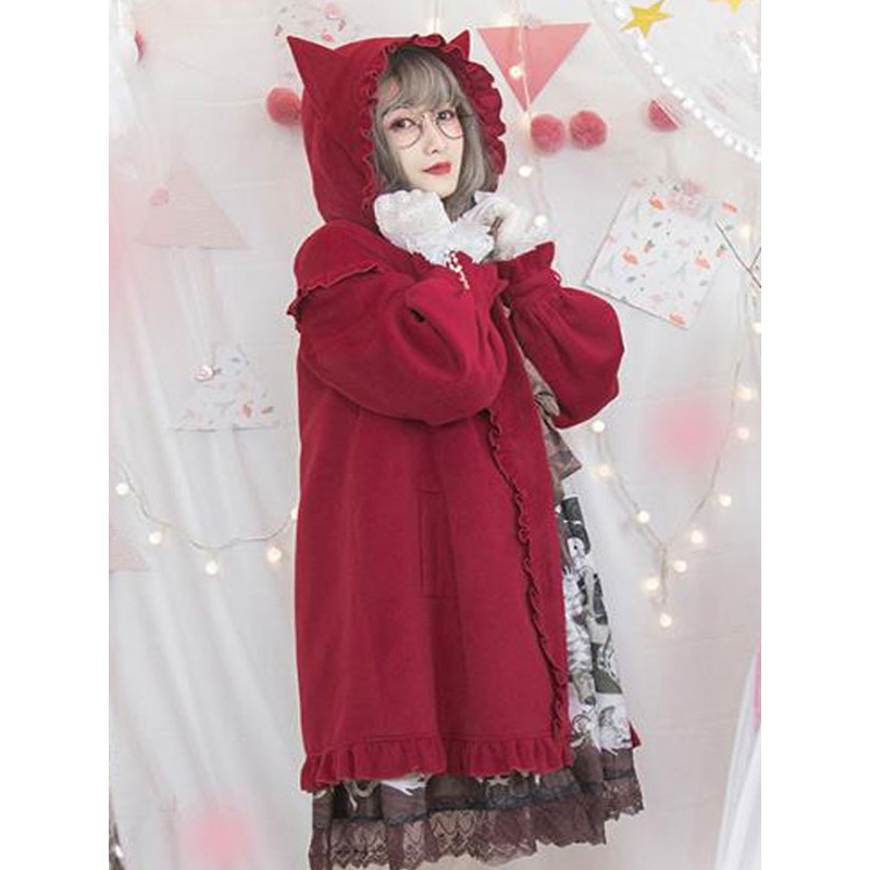 Sweet Lolita Coats Red Ruffles Synthetic Overcoat Lolita Outwears Fall Winter