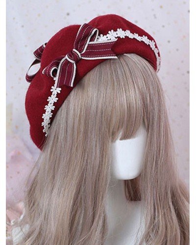 Sweet Lolita Beret Daisy Floral Bow Wool Lolita Hat