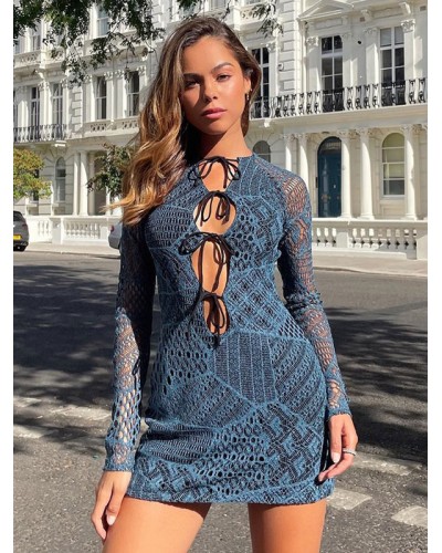 Women Mini Dresses Blue Long Sleeves Short Dress Sexy Fall