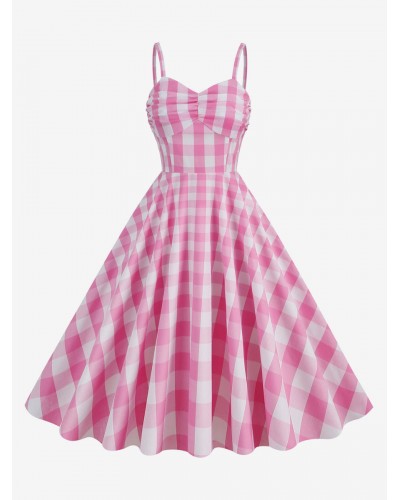 Women Barbie Pink Gingham Dress 1950s Pleated Straps Plaid Dress Vintage Street Wear Daily Casual Resort Wear