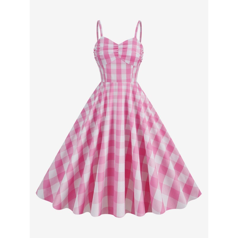 Women Barbie Pink Gingham Dress 1950s Pleated Straps Plaid Dress Vintage Street Wear Daily Casual Resort Wear